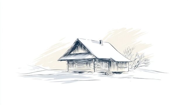 Cozy Winter Cabin Scene. A charming sketch of a snow-covered log cabin nestled in a serene winter landscape, evoking holiday warmth and tranquility