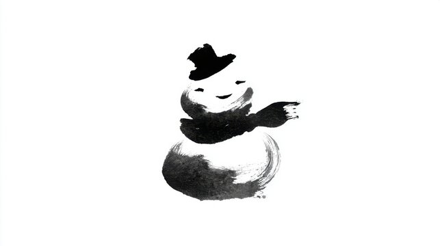 Ink Snowman with Top Hat. A whimsical ink brush painting of a snowman wearing a top hat and scarf, perfect for winter holiday designs