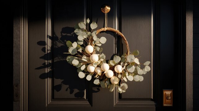 Winter Holiday Door Wreath. A festive eucalyptus and white bauble wreath hangs on a dark wooden door, casting shadows in the sunlight