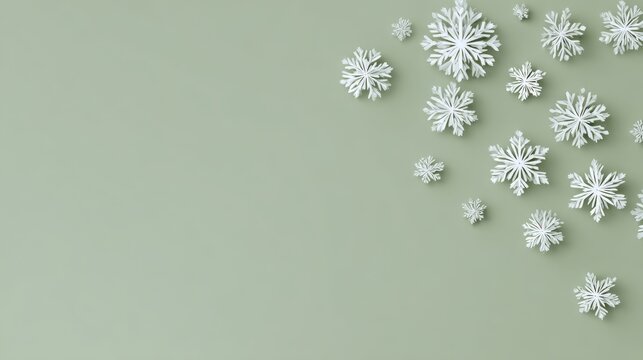 Winter Holiday Snowflakes Background. A scattering of delicate white paper snowflakes adorns a soft green background, evoking a festive winter holiday atmosphere