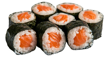 Fresh salmon maki sushi rolls with nori seaweed and vinegared rice © Peregrine