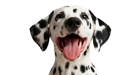 Happy Dalmatian dog portrait with black spots and open mouth showing tongue © Peregrine