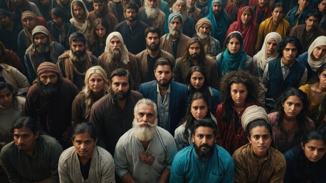 Large Group of Diverse Adults Facing Camera in Traditional Clothing