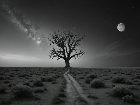 Lonely Bare Tree on Path Under Night Sky with Moon