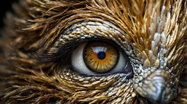 Close-up of Reptile Eye and Detailed Scales and Feathers