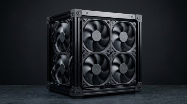 A powerful server cooling fan unit built into a heavy-duty aluminum frame stands on a dark surface against a plain background, showcasing industrial hardware architecture and design