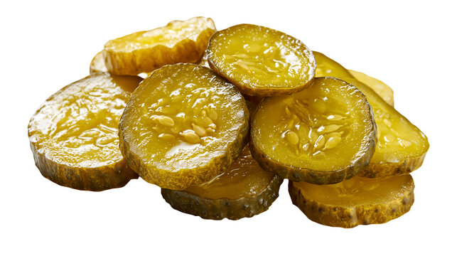Sliced dill pickles with visible seeds and textured green skin