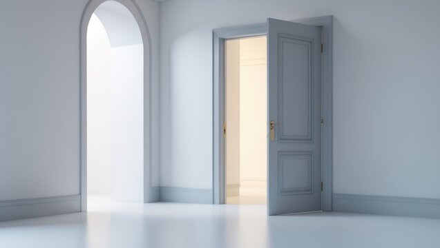Minimalist Interior Room with Open Blue Door and Archway