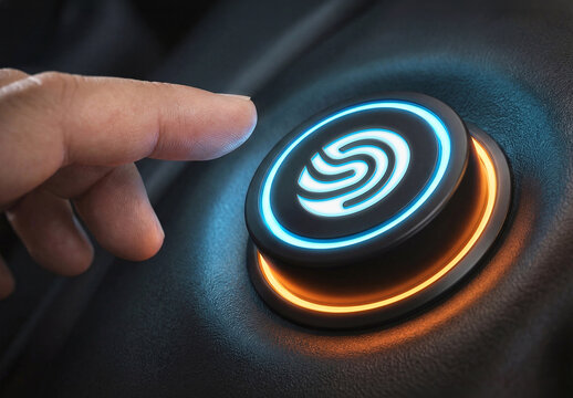 Man Finger Pushing a Glowing Blue and Orange Start Button Logo Mockup