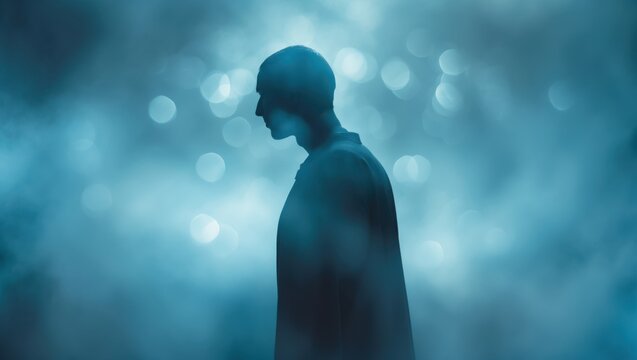 Silhouette of Man in Blue Foggy Atmosphere with Bokeh Lights