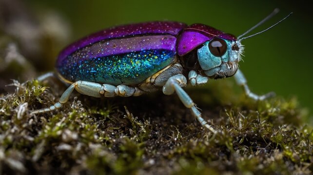 Close-up of Colorful Iridescent Beetle on Moss