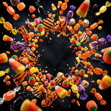 Spooky Halloween candy explosion with candy corn and wrapped sweets, dynamic vortex of festive treats on black background, holiday party background