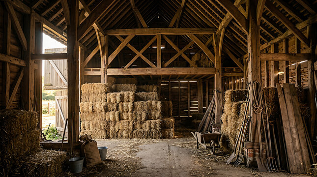 Rustic farm barn interior with stacked hay bales, wooden rafters, and agricultural tools in warm natural light