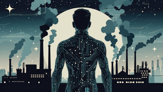 Person with Circuit Body Facing Industrial Pollution at Night
