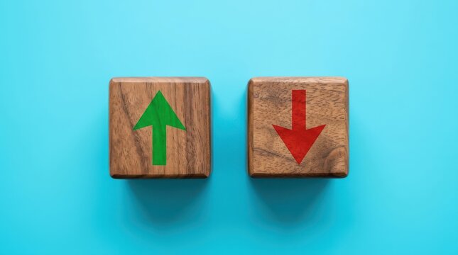 Wooden blocks with green up arrow and red down arrow on blue background