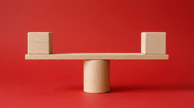 Two wooden blocks balanced on a wooden beam on a red background