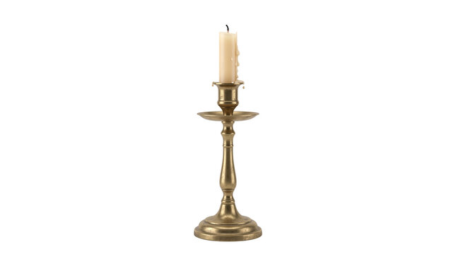 Vintage brass candlestick with wax candle, antique golden metal candle holder on white background, classic home decor element for celebration