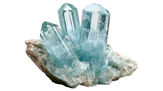 Light blue aquamarine crystal cluster on raw mineral matrix