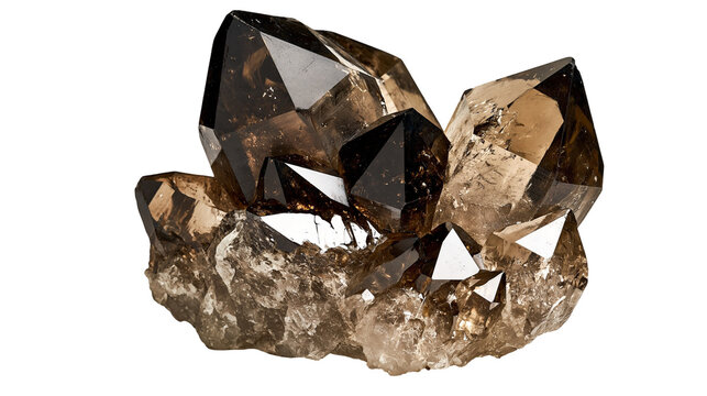 Smoky quartz crystal cluster with sharp pointed translucent brown mineral points