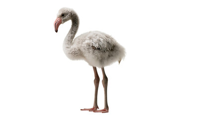 Fluffy young flamingo chick with grey downy feathers and pink beak © Peregrine