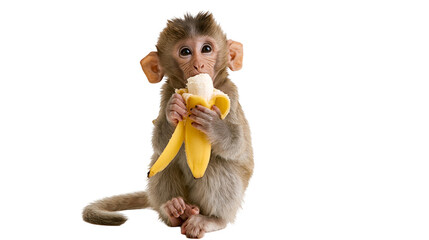 Small baby macaque monkey holding and eating a peeled yellow banana © Peregrine