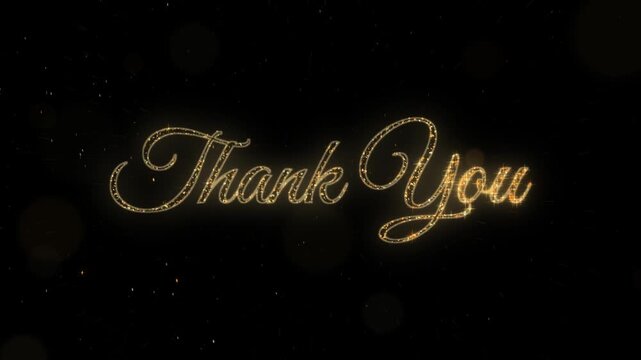 Thank You gold glitter script revealing on a black background with a light sweep sparkling burst and soft falling particles