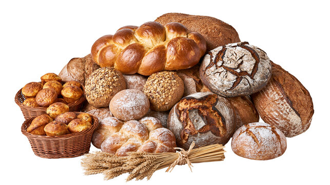 Assorted rustic artisan bread loaves and rolls in wicker baskets with wheat stalks