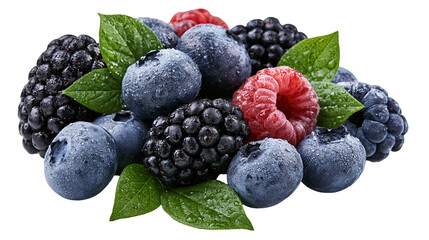 Fresh ripe blueberries raspberries and blackberries with green leaves © Peregrine