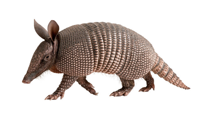 Nine-banded armadillo with armored shell and pointed snout walking