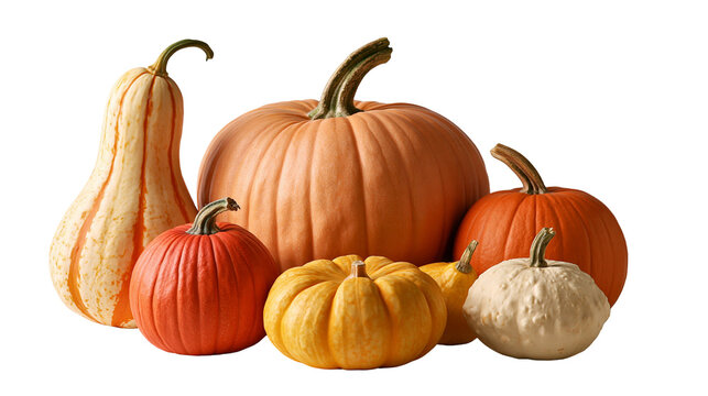 Assorted fresh pumpkins and gourds of various shapes and sizes