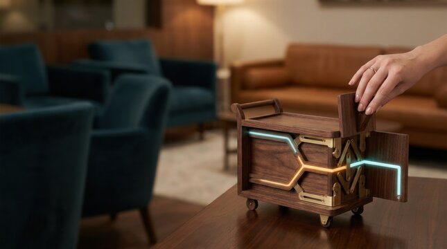 Innovative wooden puzzle box with glowing LED lights and intricate mechanical design for entertainment and brain teaser challenges in modern home decor