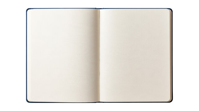 Open notebook with blank cream colored pages and dark blue hard cover