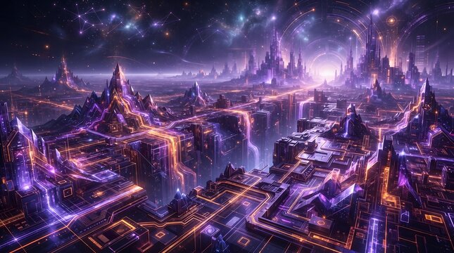 Futuristic cybernetic topography landscape with glowing digital data lines and terrain