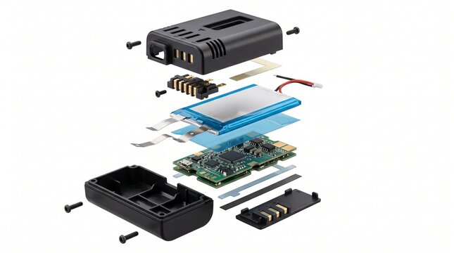 Battery Pack Components - 3D illustration of Exploded 3D view of various battery pack
components and electronics