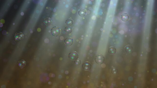 iridescent soap bubbles rising and popping occasionally in sunlit atmosphere, loopable dreamy abstract background animation