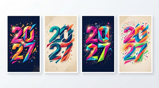 Set of four artistic posters featuring the year 2027 with vibrant colorful paint splashes and modern typography