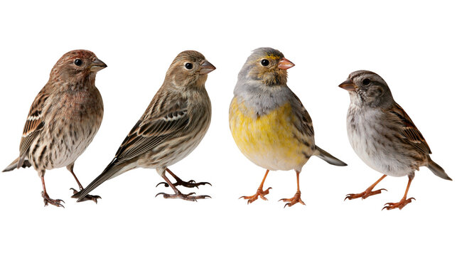 Four small songbirds with brown grey and yellow plumage standing in a row