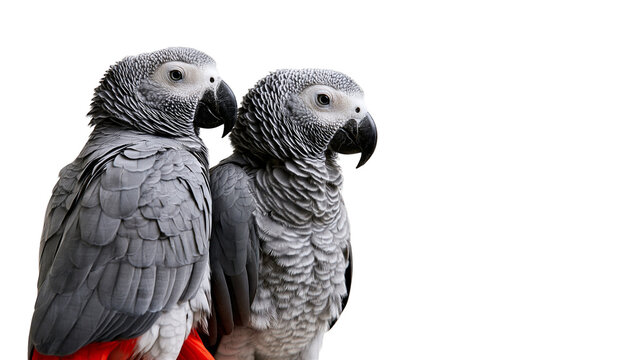 Two African Grey parrots with grey plumage and bright red tail feathers