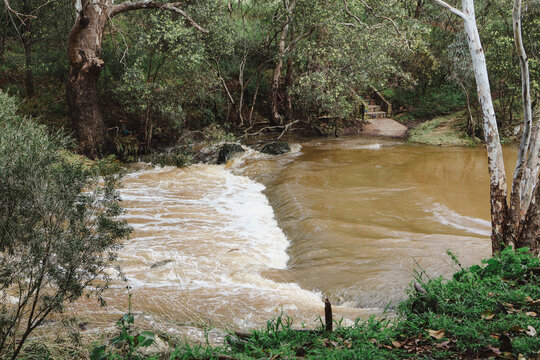 werribee river with heavy water flow after rainfall