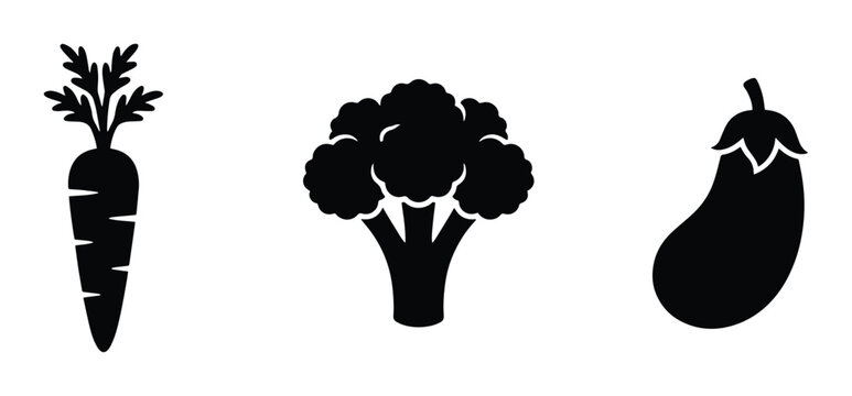Carrot, broccoli and eggplant silhouettes set for healthy eating, food and cooking