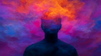 Fototapeta premium A silhouette of a person with vibrant, colorful smoke or clouds emanating from their head, symbolizing creativity, thoughts, or imagination.