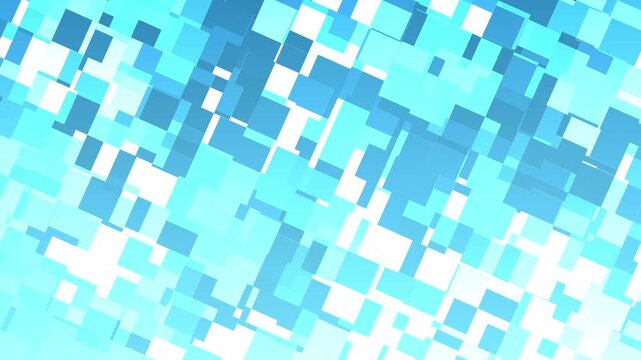 Abstract animated cool sky gradient background featuring layered pixel-like square and rectangular blocks in blue, cyan, and white tones.