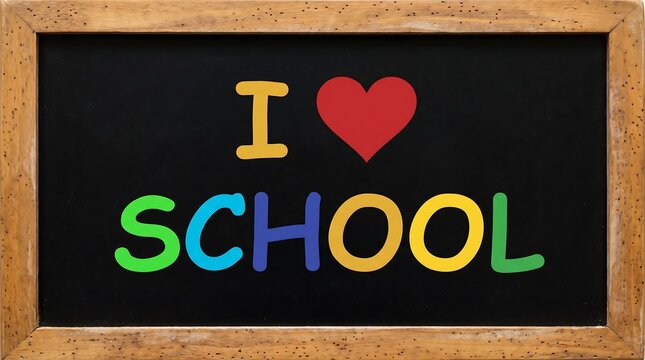 Colorful i love school text written with chalk on a vintage wooden
