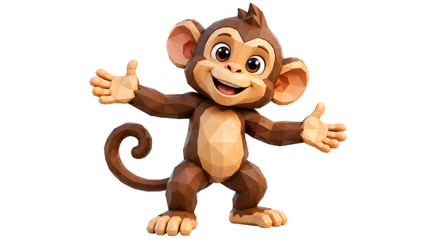 Playful cartoon monkey character with expressive eyes, cheerful smile, open arms, curled tail, and friendly personality isolated for children's entertainment