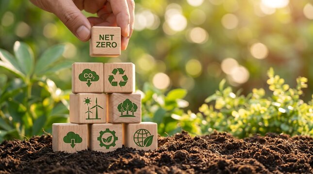 Hand stacking wooden blocks with net zero and environmental icons for