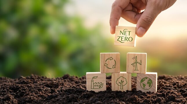 Hand placing wooden block with net zero text on stack of
