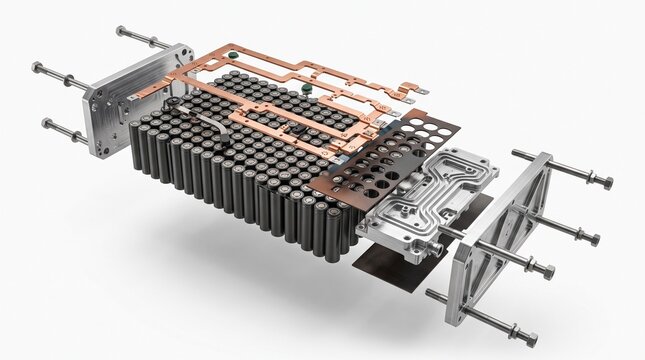 Cylindrical Cell Module - 3D illustration of Exploded diagram of a battery module made
of cylindrical lithium-ion cells