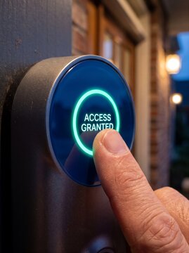 Finger pressing a smart lock screen showing an illuminated access granted message on a residential door with interface displays glowing