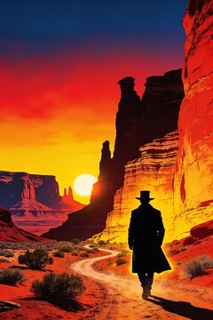 A mysterious man in a top hat walks a dusty trail through an Arizona red rock canyon beneath a fiery glowing sky in bold pop art style