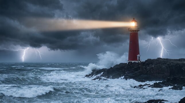 Red lighthouse shining beam over stormy ocean with lightning strikes